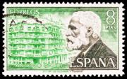 Selo com retrato de Antoni Gaudí, arquiteto e designer catalão de Barcelona.