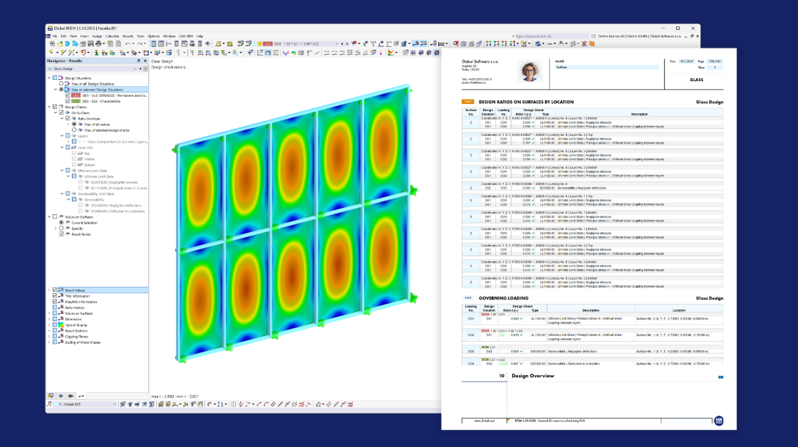 Relatório de modelo RFEM 6 de fachada de vidro com análise de módulo