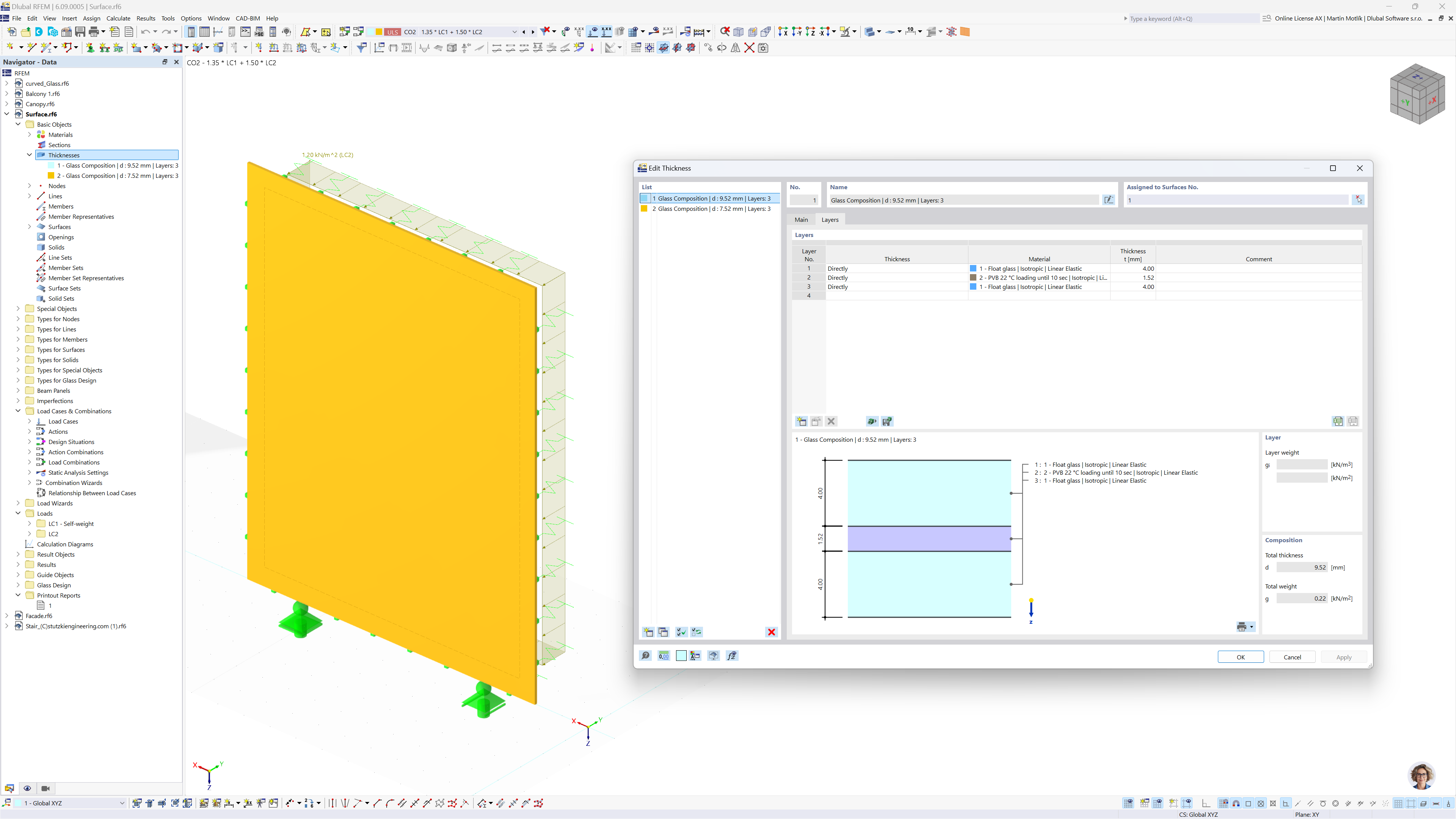 Janela de diálogo do RFEM 6 com ajustes de espessura de camada de vidro no módulo Vidro