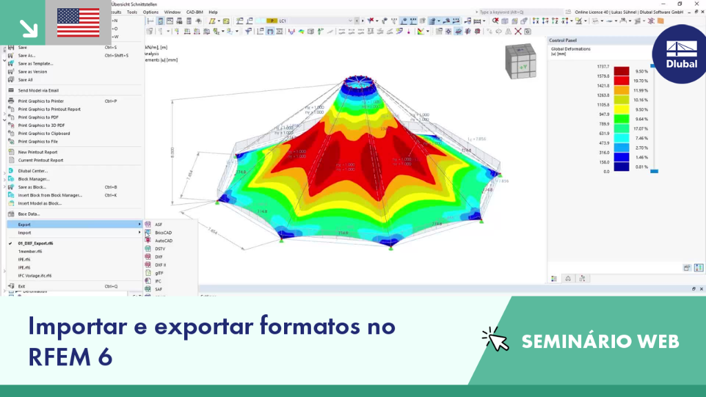 Imagem de seminário web apresentando funcionalidades de importação e exportação do RFEM 6 com uma visão geral da interface técnica.