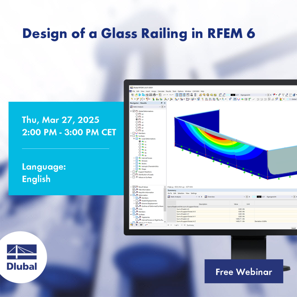 Ilustração de um projeto de guarda-corpos de vidro modelado no RFEM 6 com detalhes de evento planeado.