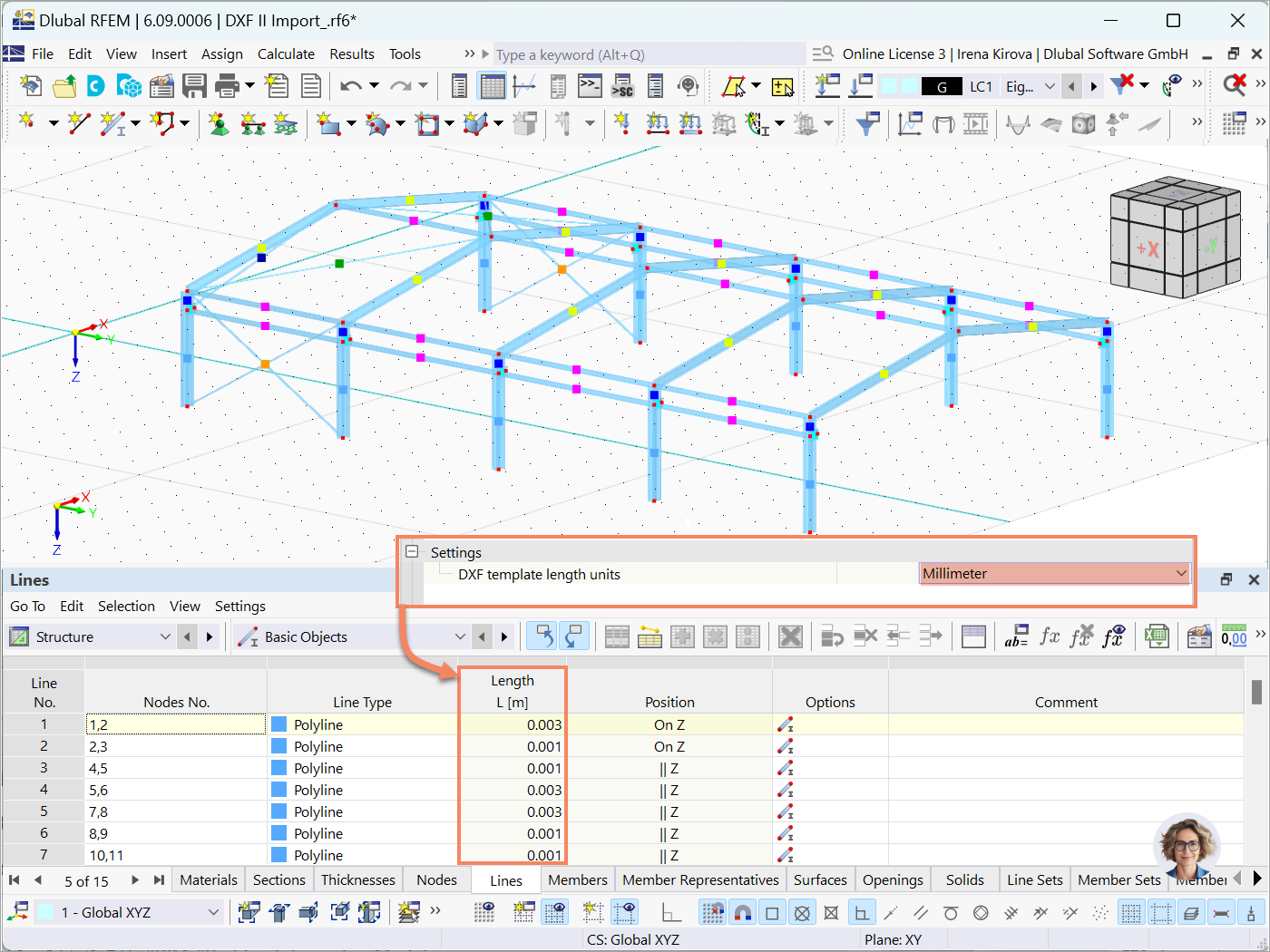 Ajuste as unidades de comprimento do modelo DXF ao importar ficheiros para o RFEM 6 para obter uma modelação precisa.