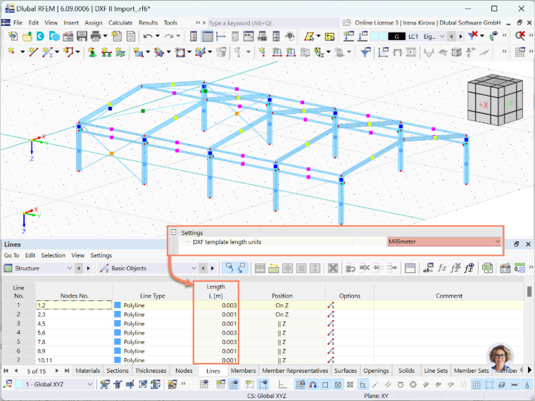 Ajuste as unidades de comprimento do modelo DXF ao importar ficheiros para o RFEM 6 para obter uma modelação precisa.