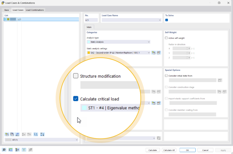 Análise de uma estrutura com um módulo para análise de estabilidade de casos e combinações de carga.