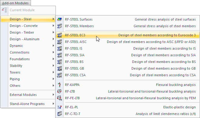 O menu para o módulo de dimensionamento de aço no AÇO EC3 é apresentado.