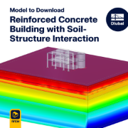 Visualização 3D de um modelo de edifício de betão armado incluindo componentes de interação solo-estrutura e elementos de armadura.
