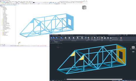 Um modelo estrutural 3D é exportado do software Dlubal para o Advance Steel, apresentado em desenho de construção e vista de perfil.