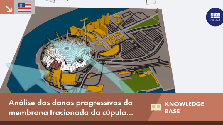 Análise dos danos na estrutura de membrana tracionada do Millennium Dome causados pela tempestade Eunice com foco em padrões de falha progressiva.