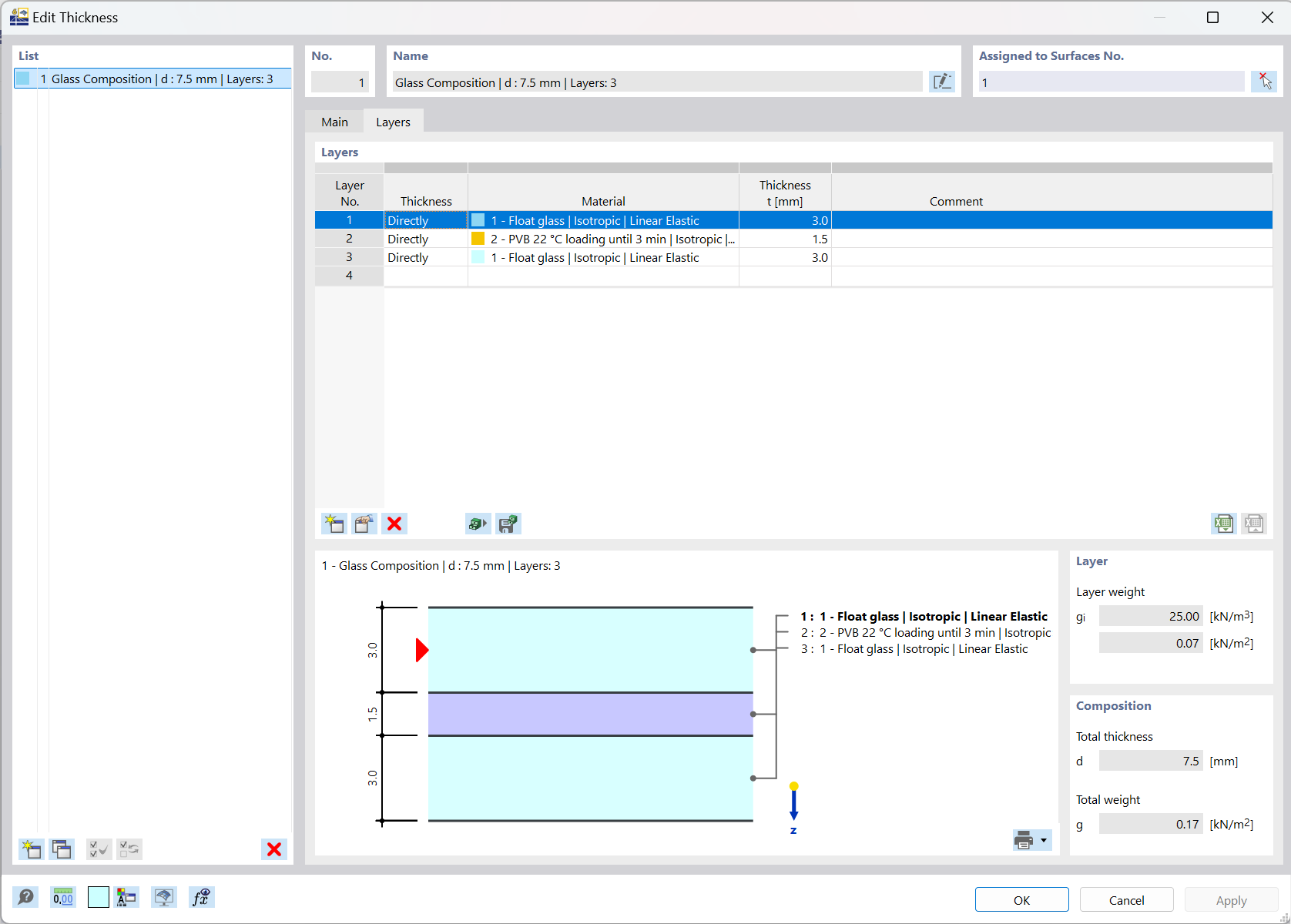 Representação visual do processo de definição de camadas para estruturas de vidro no RFEM 6