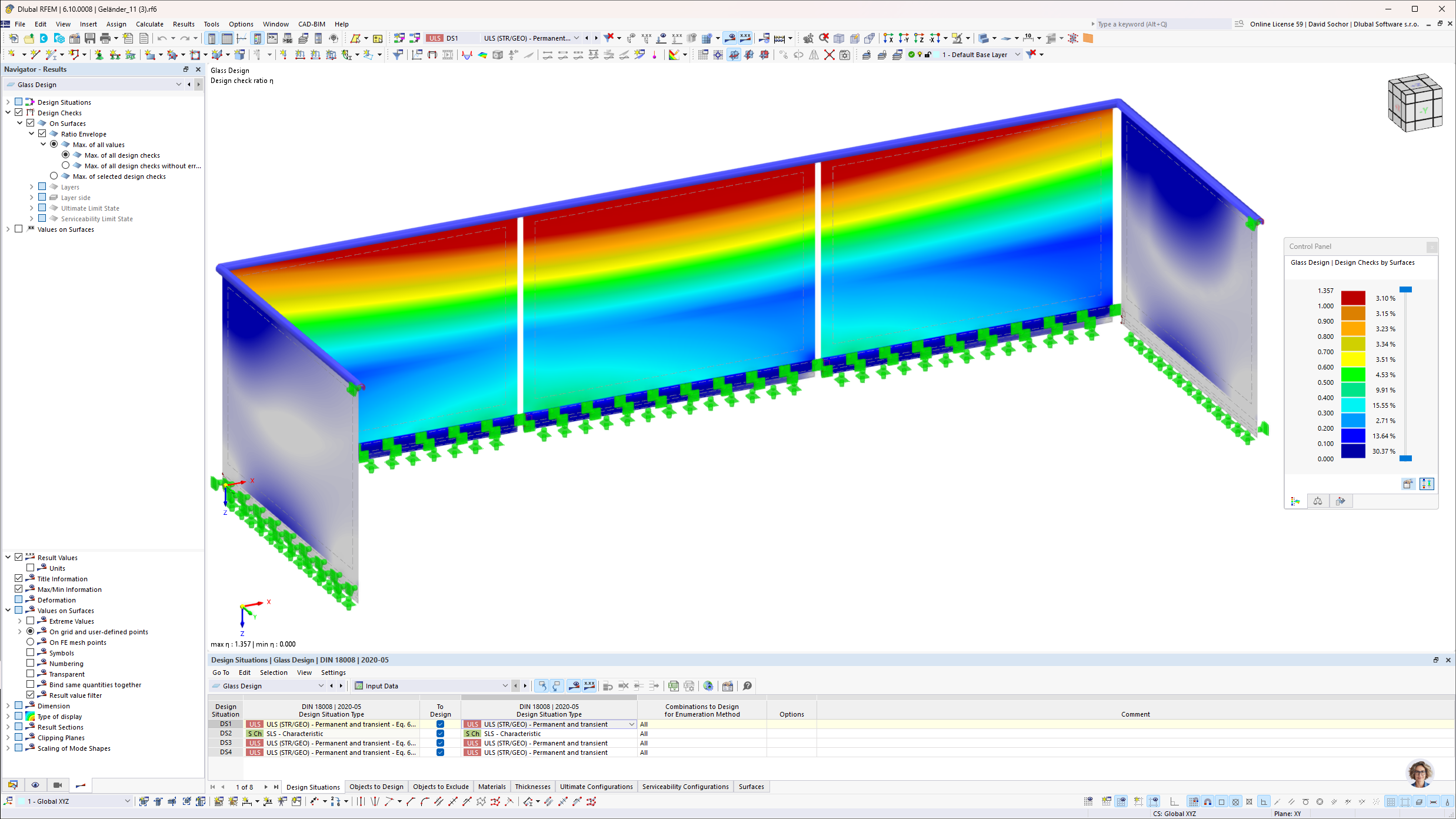 Modelo detalhado de uma guarda-corpos de vidro laminado no RFEM, ilustrando a análise estrutural para normas de dimensionamento.