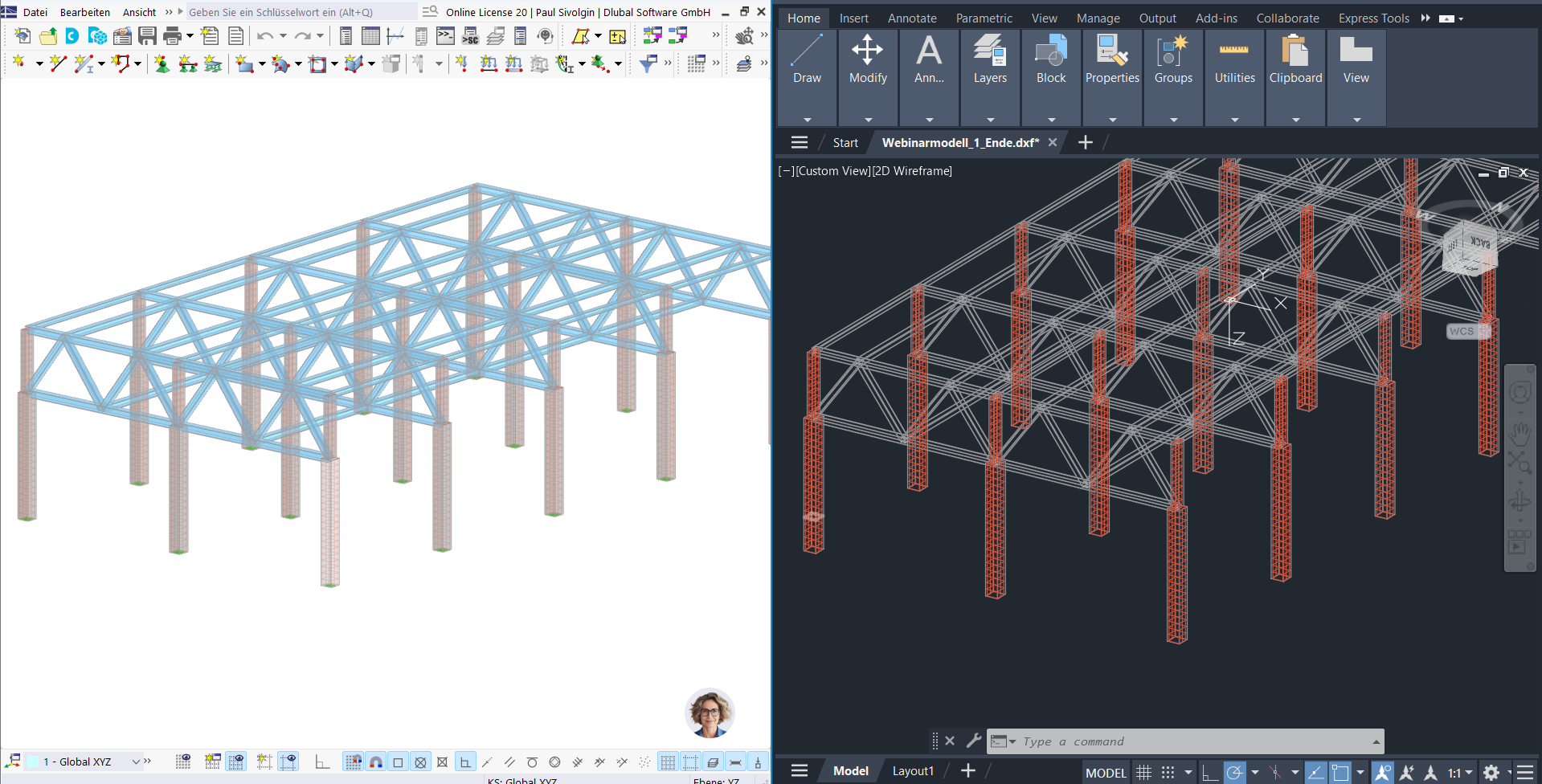 Cenas 3D de um projeto de construção exportadas como ficheiros DXF. Informação clara sobre o processo de exportação para formatos CAD.