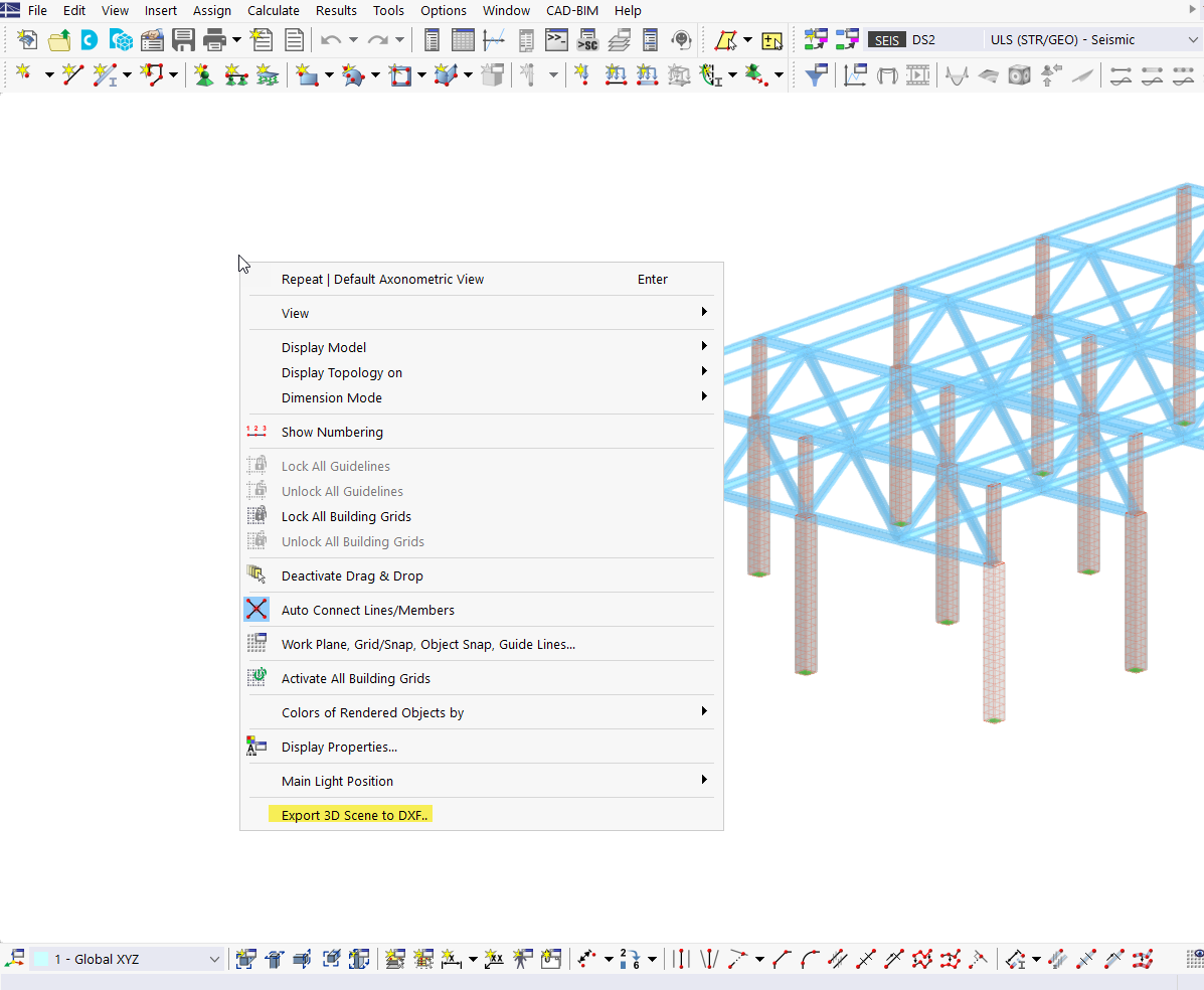 Opção para exportar a cena 3D para formato DXF durante o processo de construção com detalhes técnicos e visualização da estrutura.