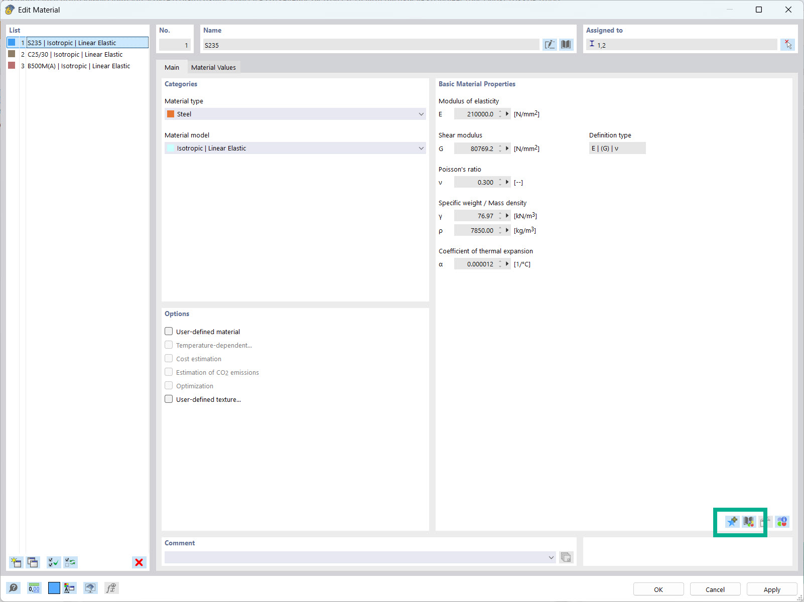 Interface de utilizador para entrada de dados de materiais personalizados no software análise estrutural