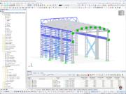 Modelo de teste 3D de um grande pavilhão logístico com estrutura detalhada.