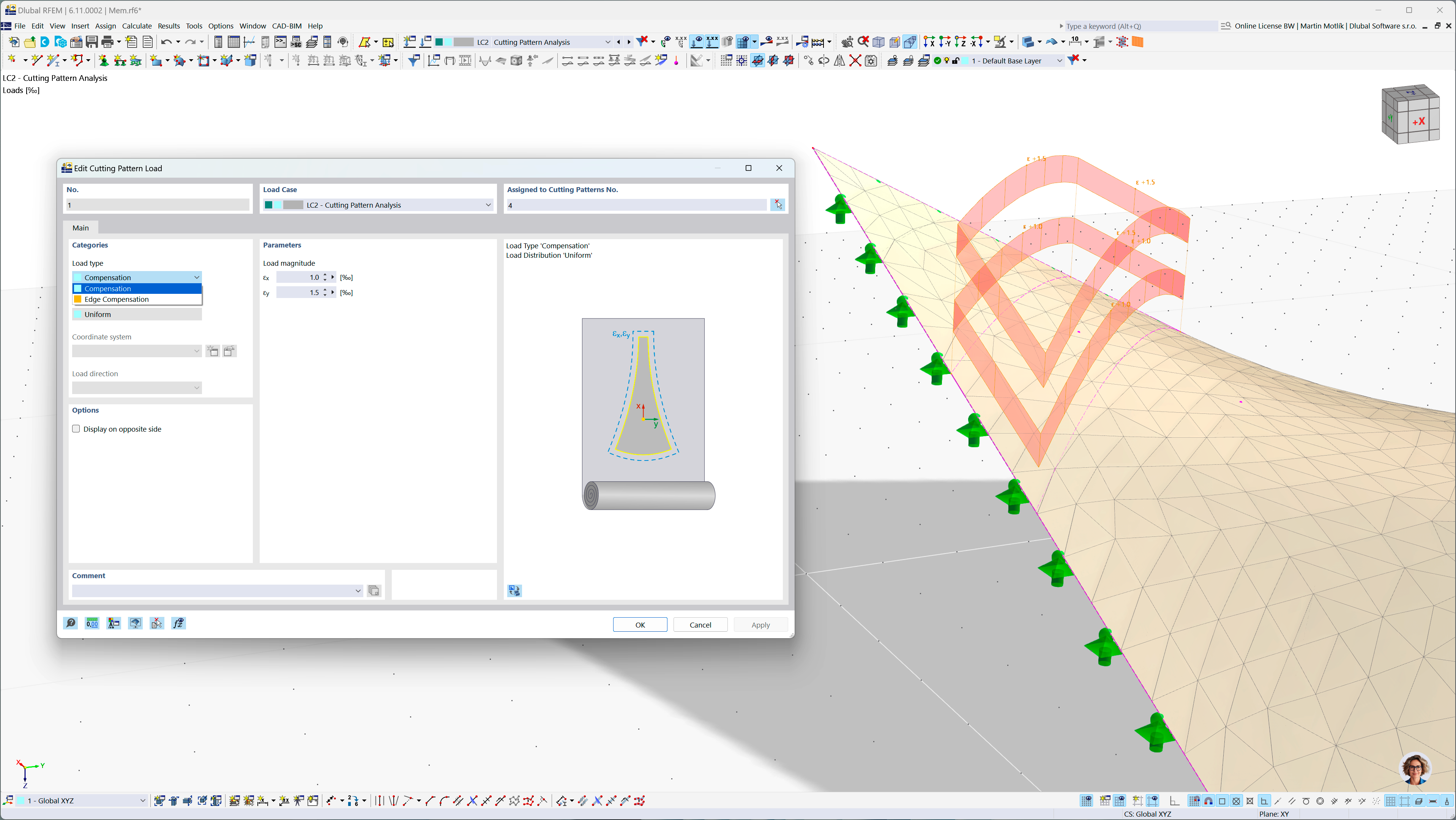 Módulo Padrões de corte do RFEM 6 a mostrar as configurações da carga de compensação numa caixa de diálogo.