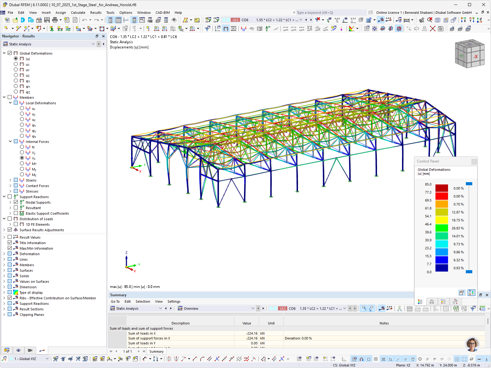Análise de deformações de uma estrutura de aço apresentada no RFEM.