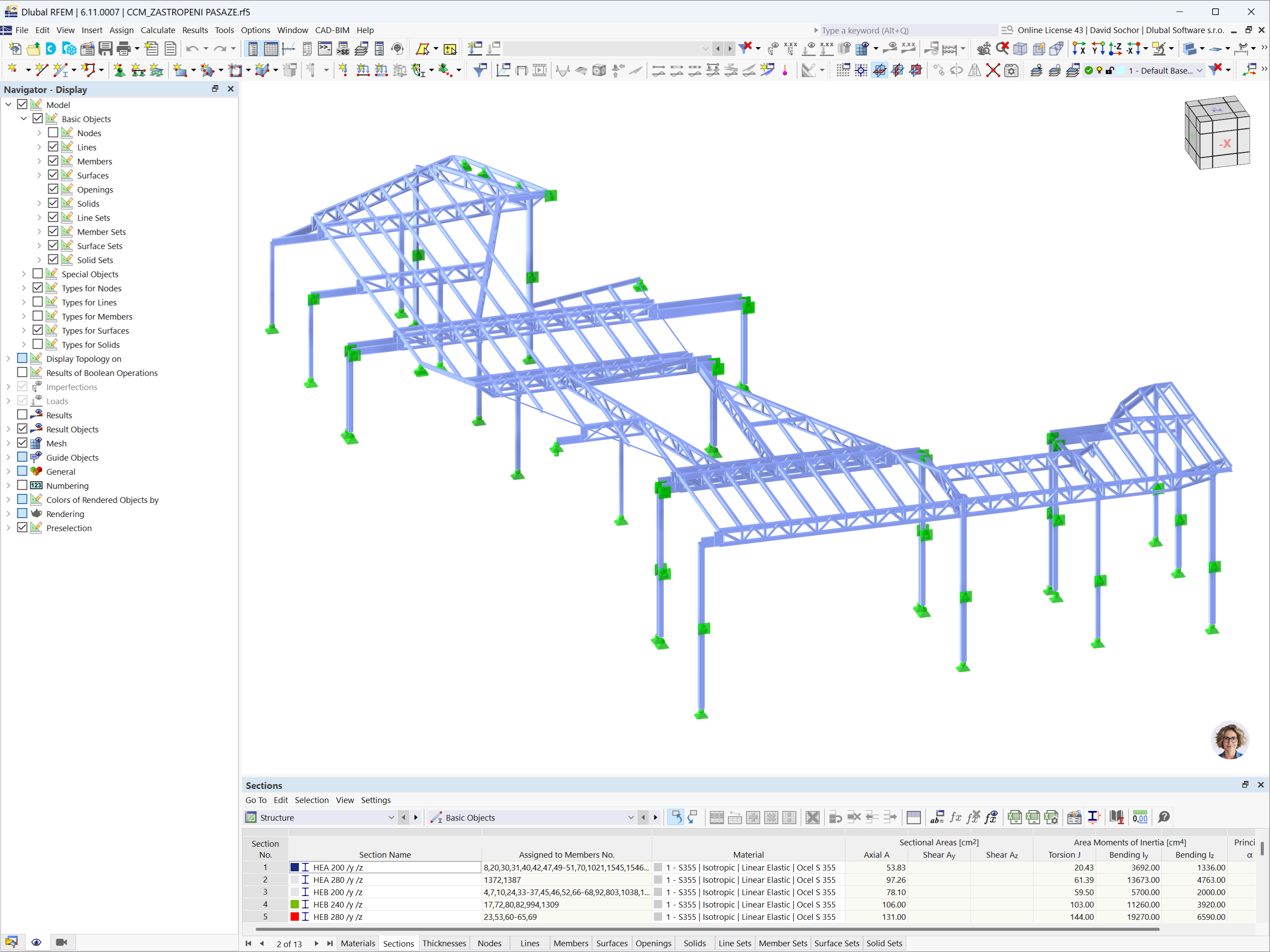Modelo do RFEM 6 mostrando o planeamento estrutural da cobertura da passagem no centro comercial Westfield Černý Most, em Praga.