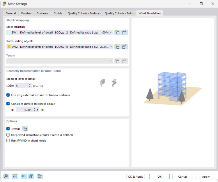 Caixa de diálogo "Configurações da malha", separador "Simulação de vento"