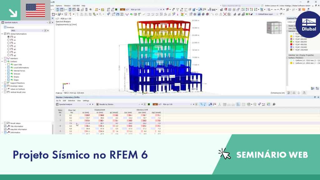 Interface do RFEM 6 mostrando as funcionalidades para análise sísmica no cálculo estrutural.