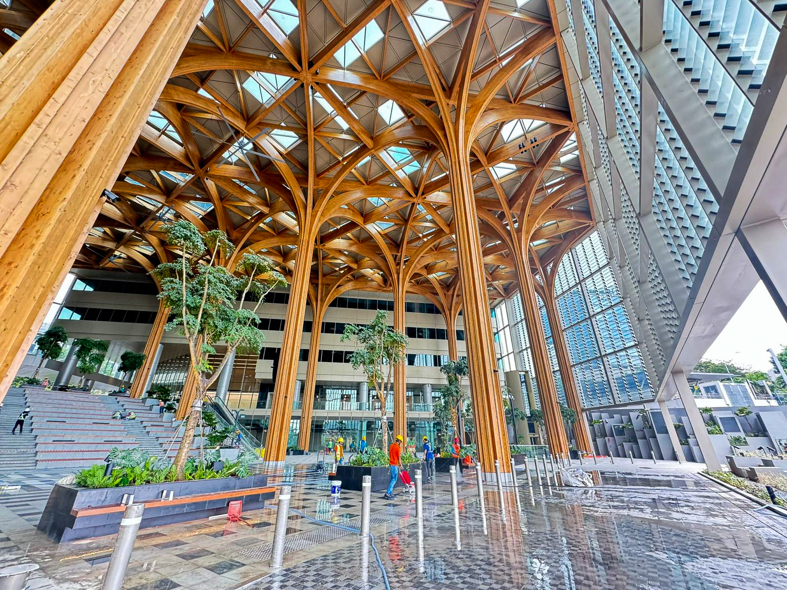 A Sprint Canopy em Singapura, dimensionada pela Ergodomus, tem uma altura de 27 metros e uma área de 3000 m², sendo a cobertura de madeira maciça mais alta da ilha.