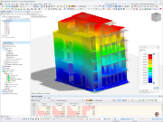Modelo RFEM 6 de um edifício de CLT de seis andares em Modena, Itália, destacando resultados de uma análise modal.