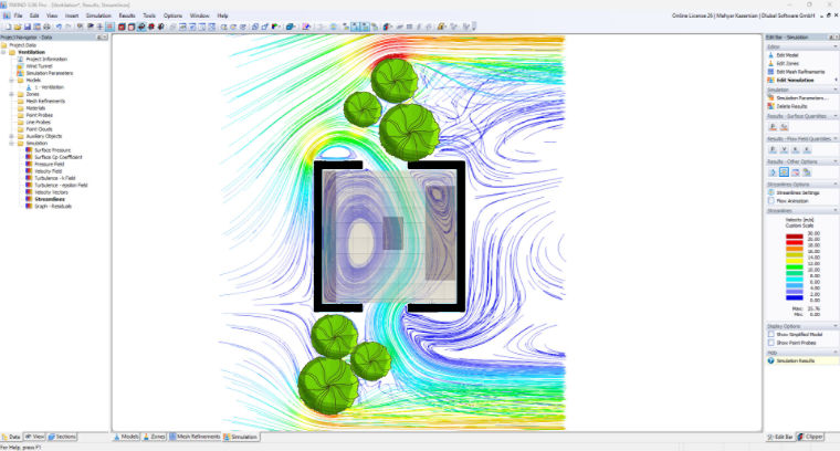 Visualização de ventilação de vista superior no RW53IND, mostrando a interação do fluxo de ar com o edifício e a veget184ção circundante
