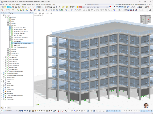 O módulo Modelo de edifício no RFEM 6 oferece resultados para a distribuição de carga em paredes e pilares, auxiliando na otimização estrutural.