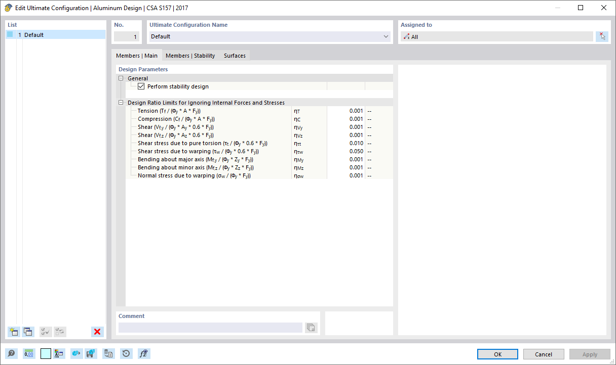 Caixa de diálogo "Editar configuração de estado limite último", separador "Barras | Básico"