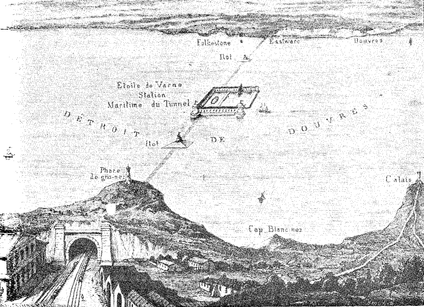 Desenho técnico de 1856 do projeto de túnel do Canal da Mancha de Thomé de Gamond, mostrando um porto e uma instalação de ventilação no banco de areia Varne.