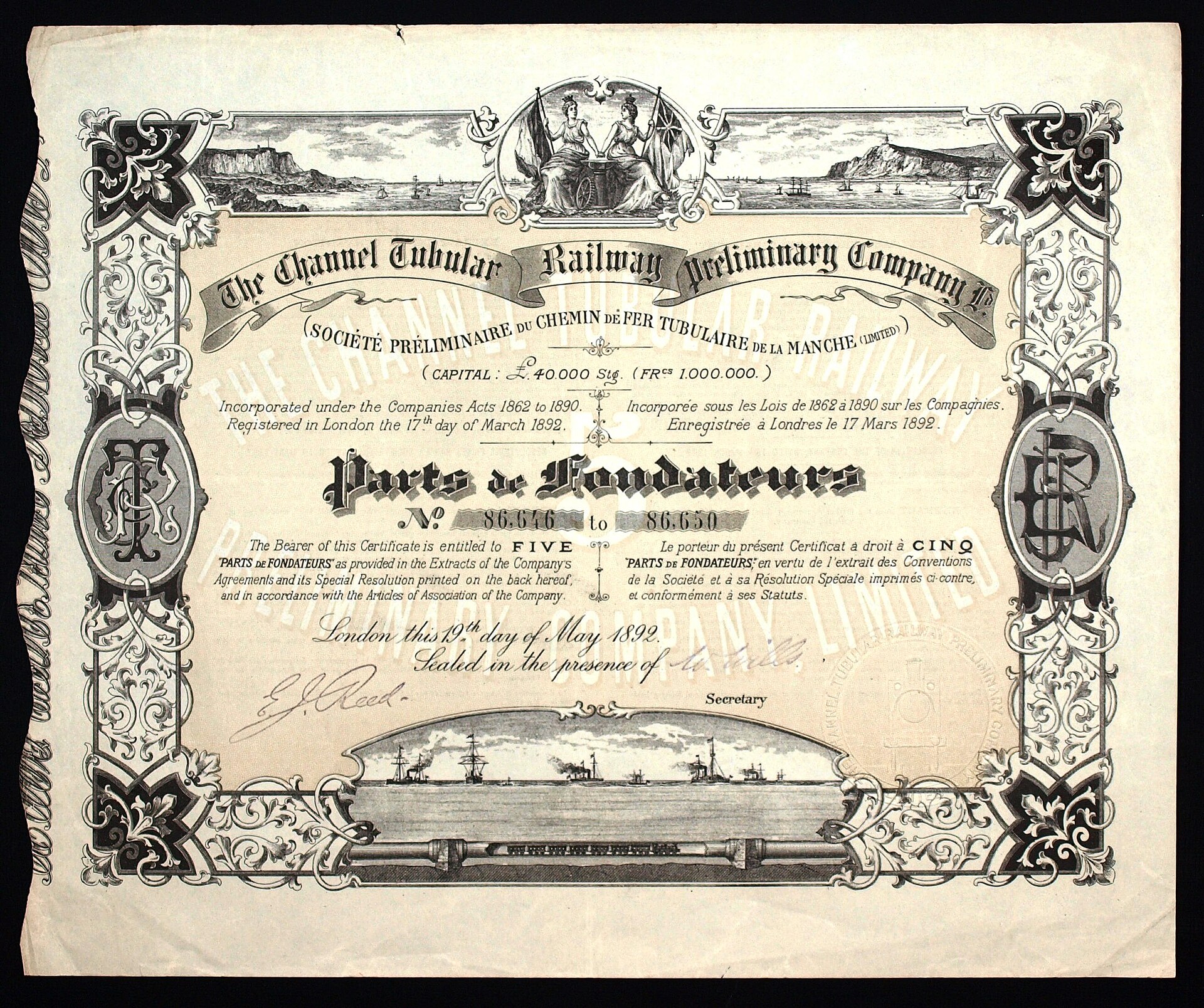 Cota de fundação da Channel Tubular Railway Preliminary Company de 19 de maio de 1892, assinada por Edward James Reed
