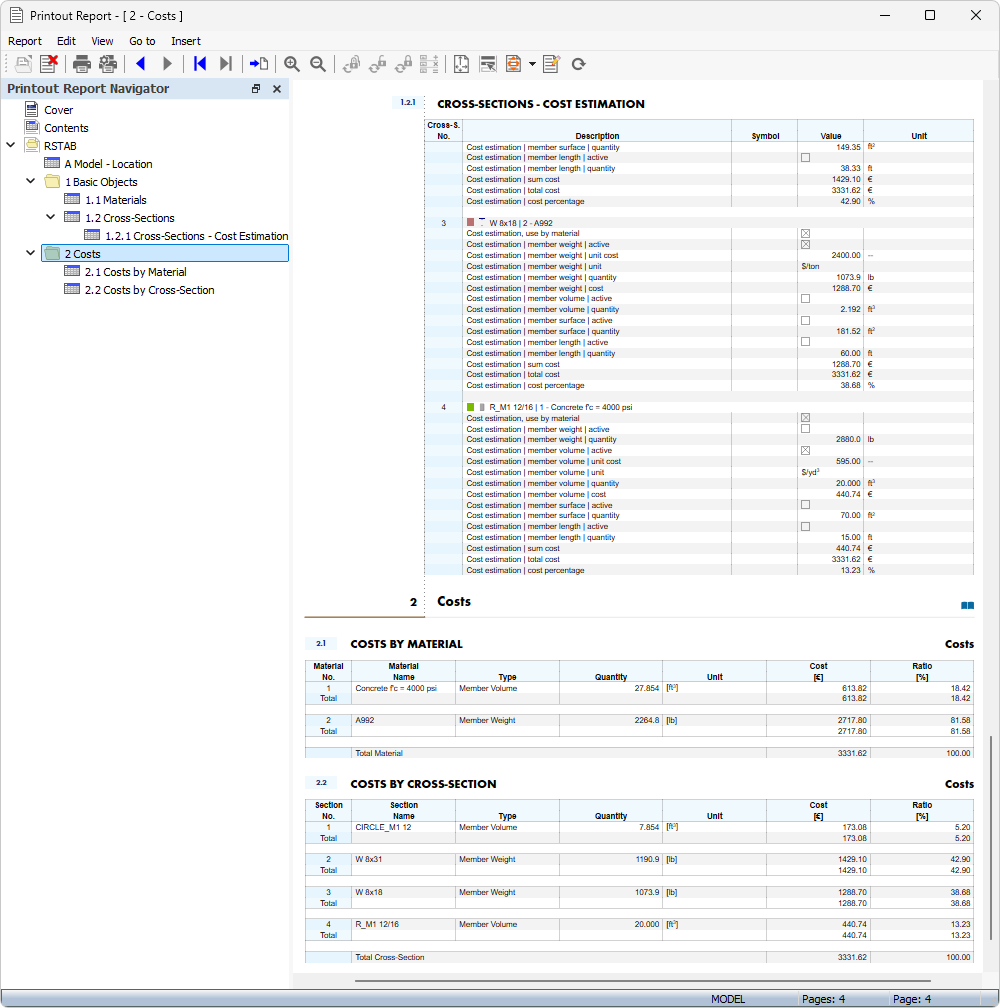 Relatório de impressão com dados da estimativa de custos