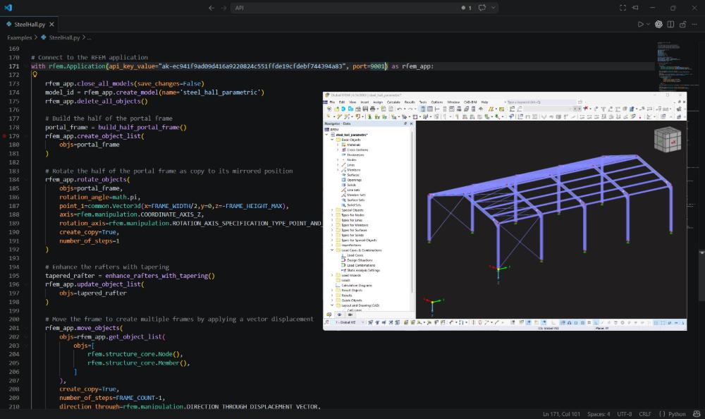 Interface do RFEM 6 exibindo um modelo de uma estrutura de pavilhão de aço com integração de script Python para automação e personalização aprimoradas.