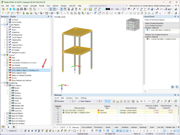 Interface do usuário do RFEM com a opção desativada para elementos ocultos em segundo plano.