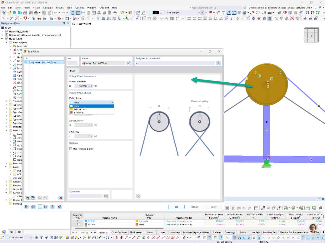 Configuração e adaptação de roldanas no RFEM por meio de uma caixa de diálogo especial.