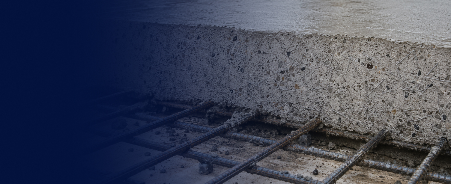 Uma renderização detalhada de uma laje de concreto com fibras de aço, exibindo seus componentes estruturais e disposição num contexto de caso de estudo.
