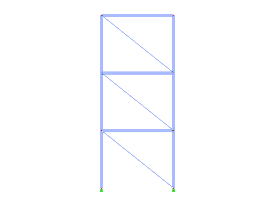 Estrutura de aço com contraventamento diagonal simples, níveis de pavimento variáveis e alturas de piso variáveis.