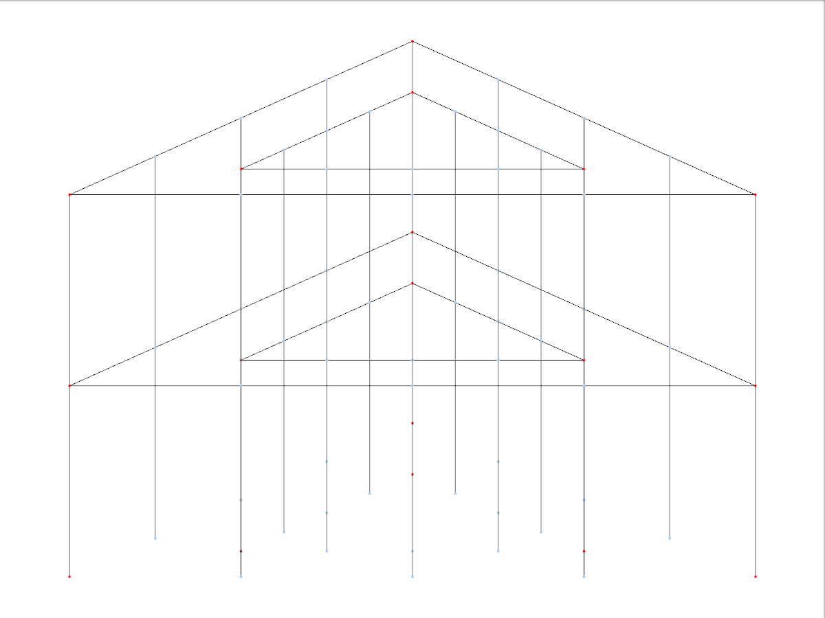 Uma grelha 3D representando um modelo estrutural poligonal com diferentes polígonos e pisos para uma análise de construção versátil.