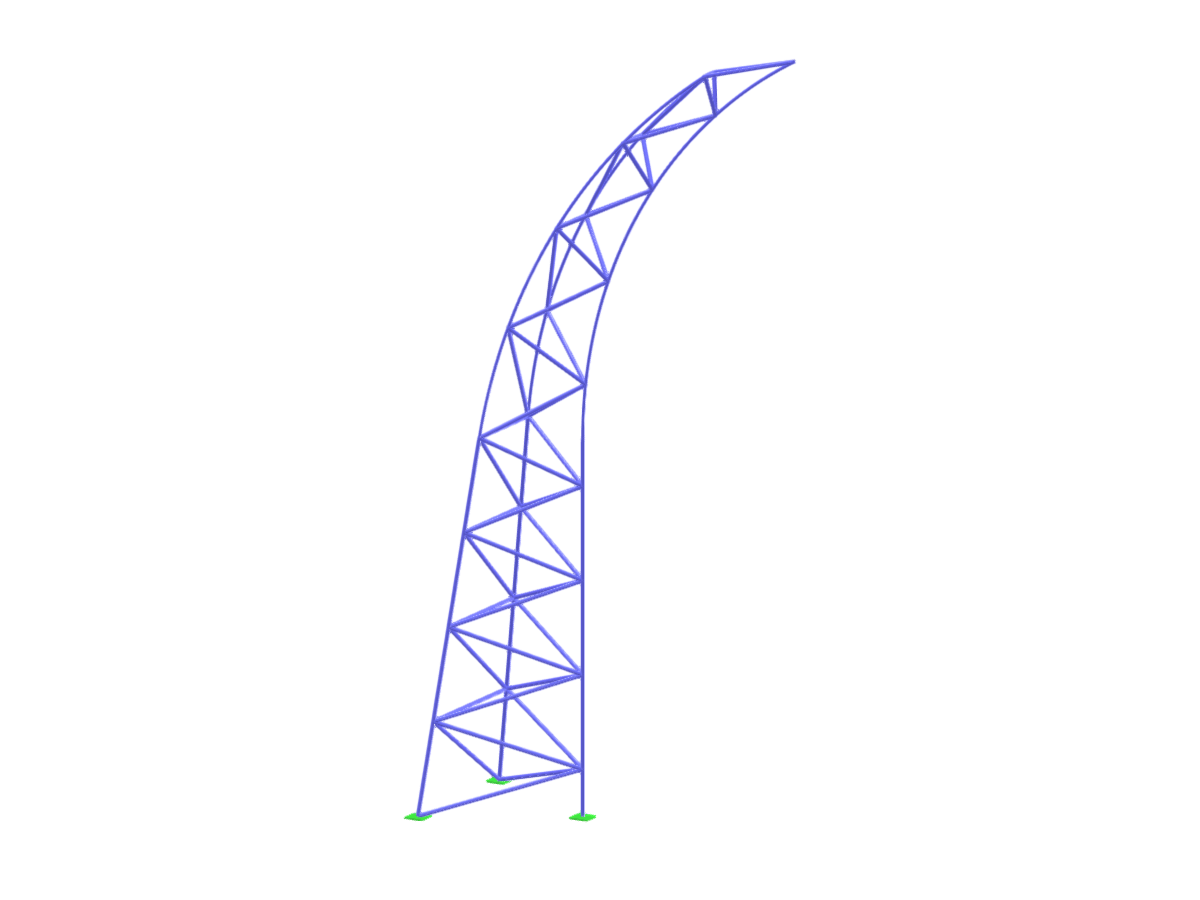 Coluna de treliça de aço triangular com segmento superior curvo exibindo seu design estrutural e funcionalidade.