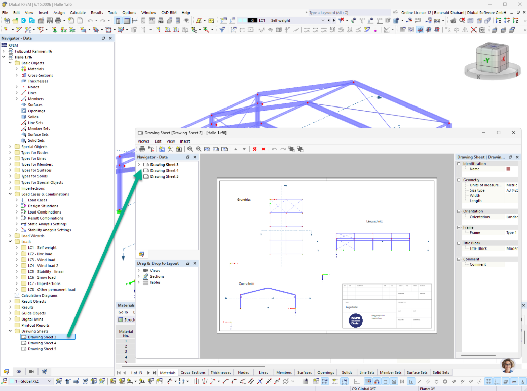 Criação de folha de desenho no RFEM e no RSTAB com molduras, vistas e cortes.