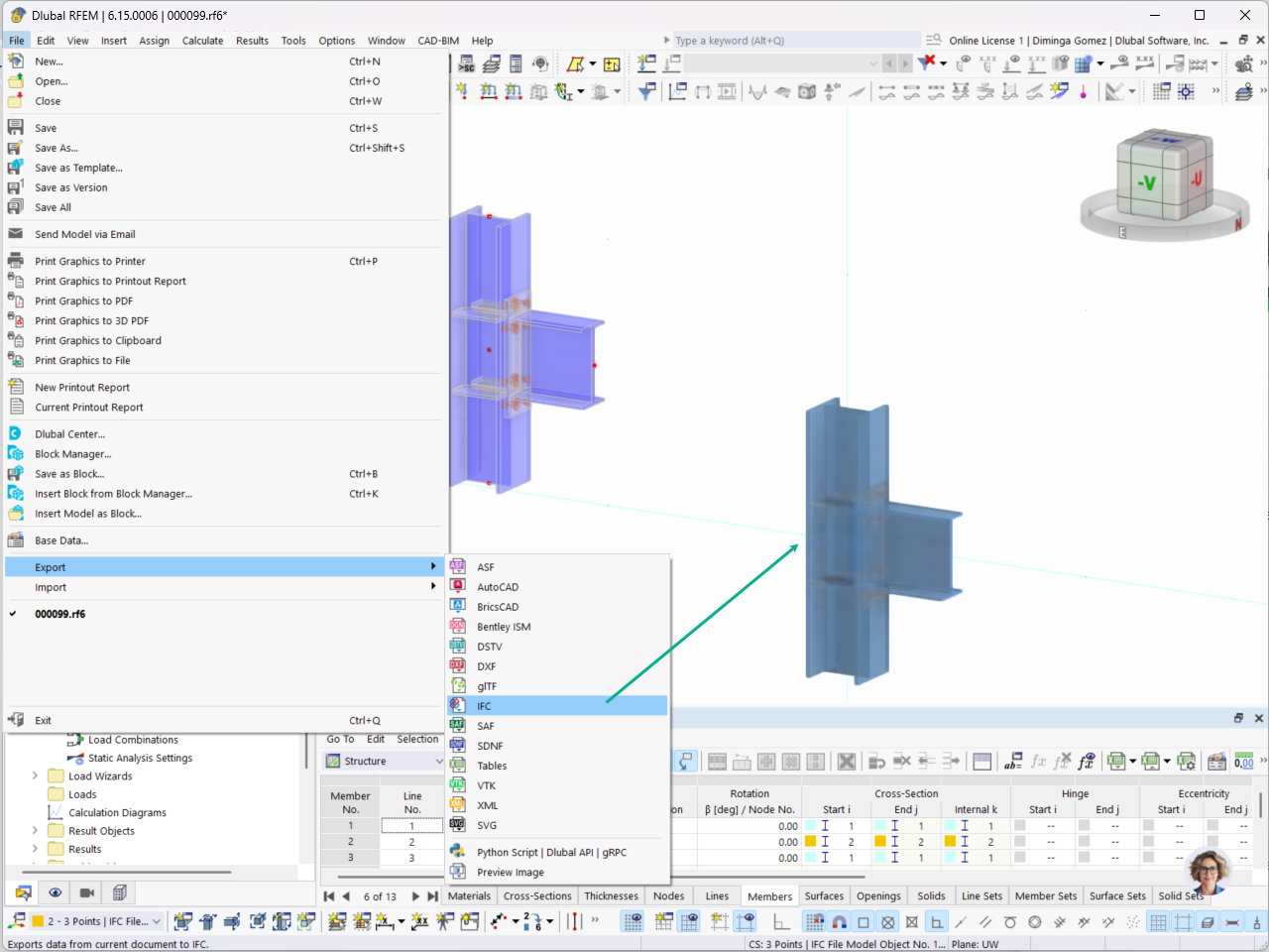 Exporte de ligações de aço do modelo RFEM para um ficheiro IFC