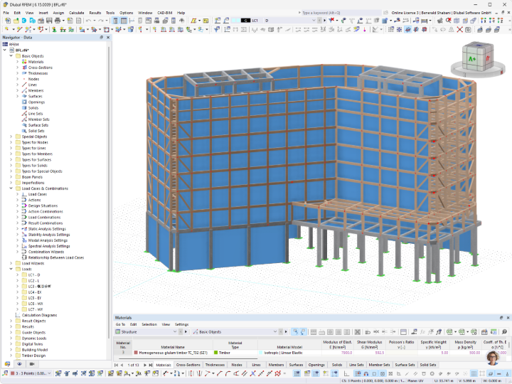 Edifício de sete andares em construção híbrida com estrutura de madeira e aço, modelado no software RFEM com definição de material madeira laminada cruzada