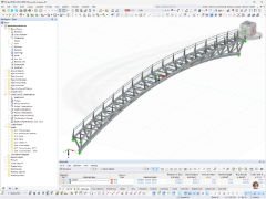 Modelo RFEM 3D de uma passarela curva de aço na Itália com vigas treliçadas e guarda-corpos