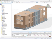 Modelo estrutural 3D de uma Escola primária em construção híbrida com elementos de laje de madeira, núcleos de betão e paredes de corte representado no software RFEM