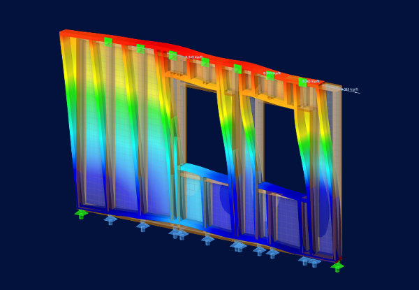 Análise de resultados com código de cores do dimensionamento de paredes de corte de estrutura de madeira no RFEM 6, mostrando tensão de superfície e tensão de barra em elementos de parede com aberturas