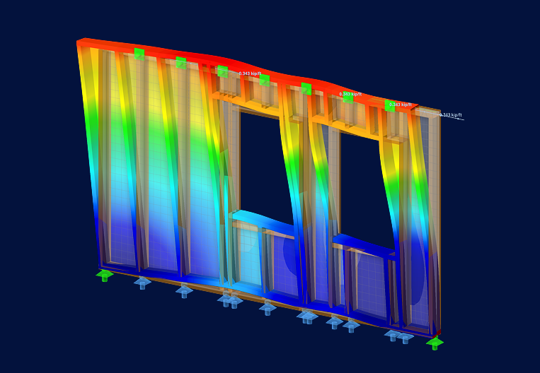 Análise de resultados com código de cores do dimensionamento de paredes de corte de estrutura de madeira no RFEM 6, mostrando tensão de superfície e tensão de barra em elementos de parede com aberturas