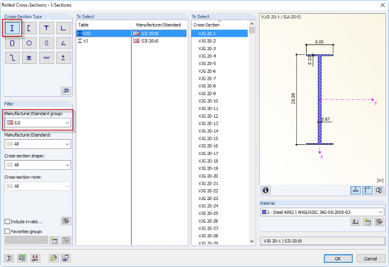 Virtual Joists und Virtual Joist Girders in Querschnittsdatenbank