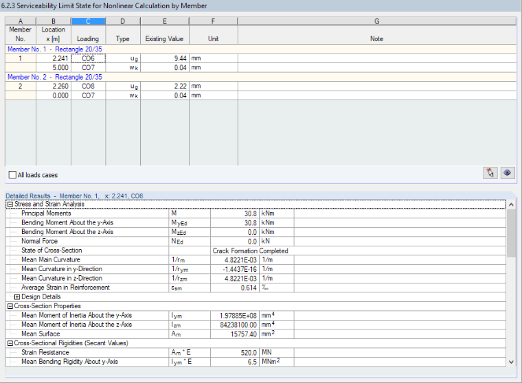 Window '6.2.3 Serviceability Limit State for Nonlinear Calculation by Member'
