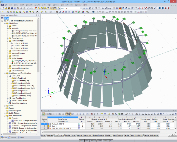 3D модель несущей конструкции стеклянной люстры в программе RSTAB (© www.stutzkiengineering.com)