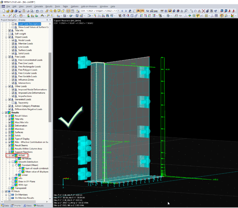 Правильная настройка эпюры результатов для нелинейных опорных реакций