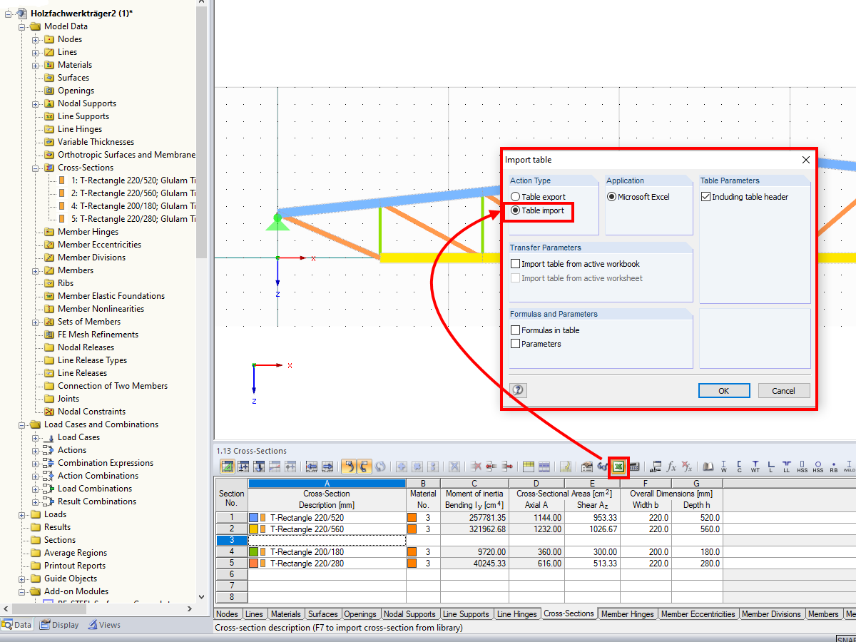 Импорт обеих таблиц обратно в программу RFEM или RSTAB